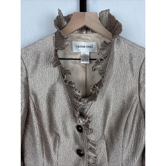 Vintage Victor Costa Jacket Women's 4 Gold Metallic Ruffle Trim 90s Maximalist - Picture 2 of 10